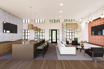 A modern living room with a white sofa, a wooden floor, and a TV mounted on the wall at Verity Luxury Apartment Homes Apartments, Vero Beach, FL 32960